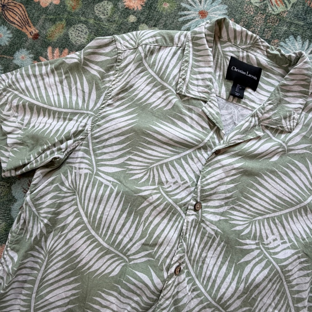 Christian Lacroix Mens Large Linen Blend Palm Leaf Tropical Camp Shirt Green